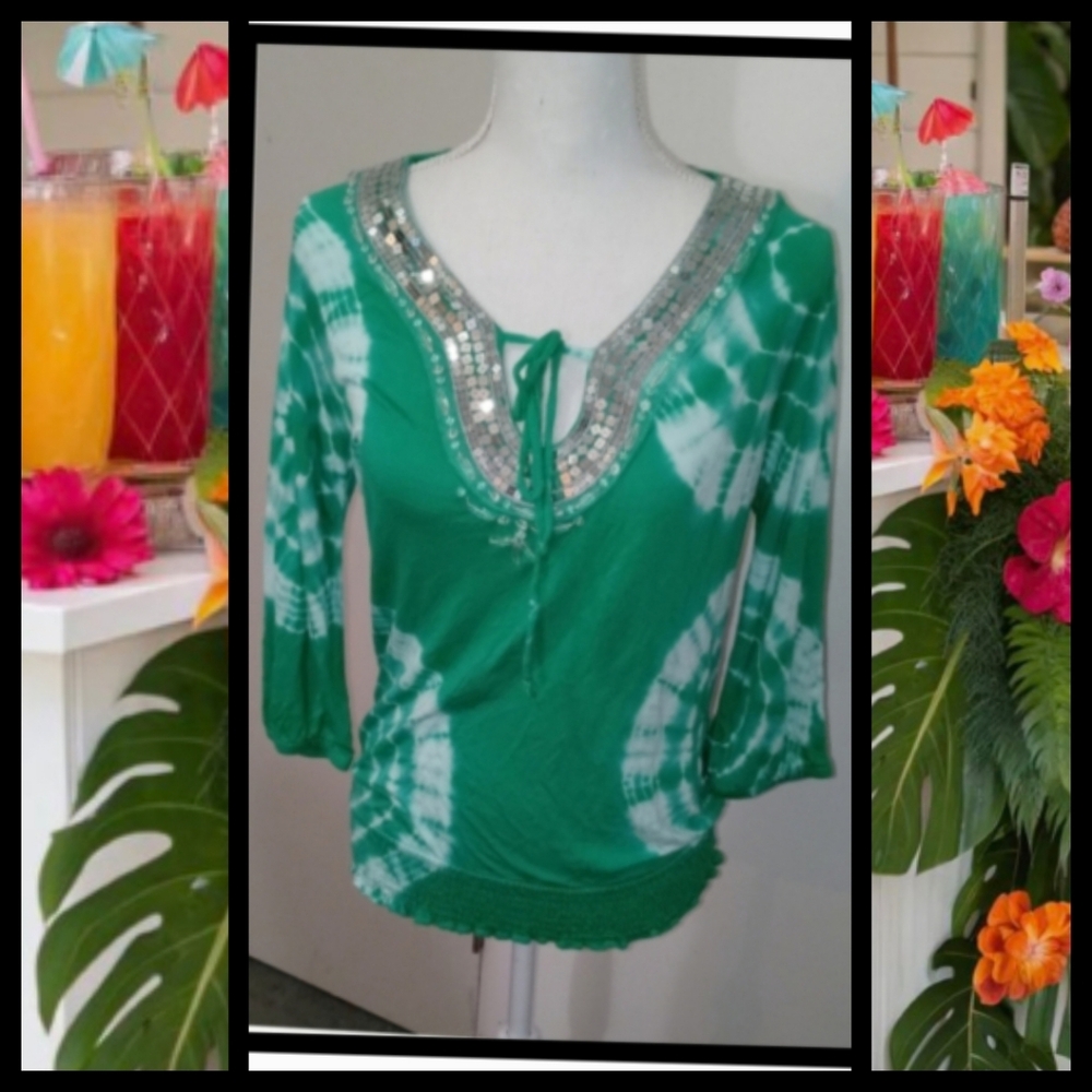 Boho Festival Sequin Tie-Dyed Rayon Green Top Size MEDIUM smocked elastic waist▪